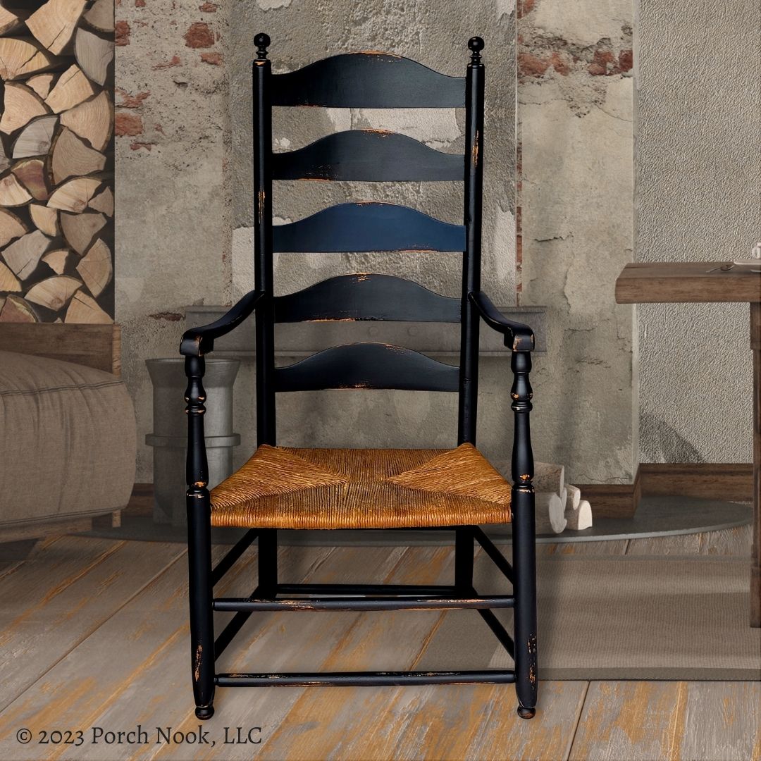 Porch Nook | Vintage Early American Style Ladderback Rush Seat Shaker Armchair