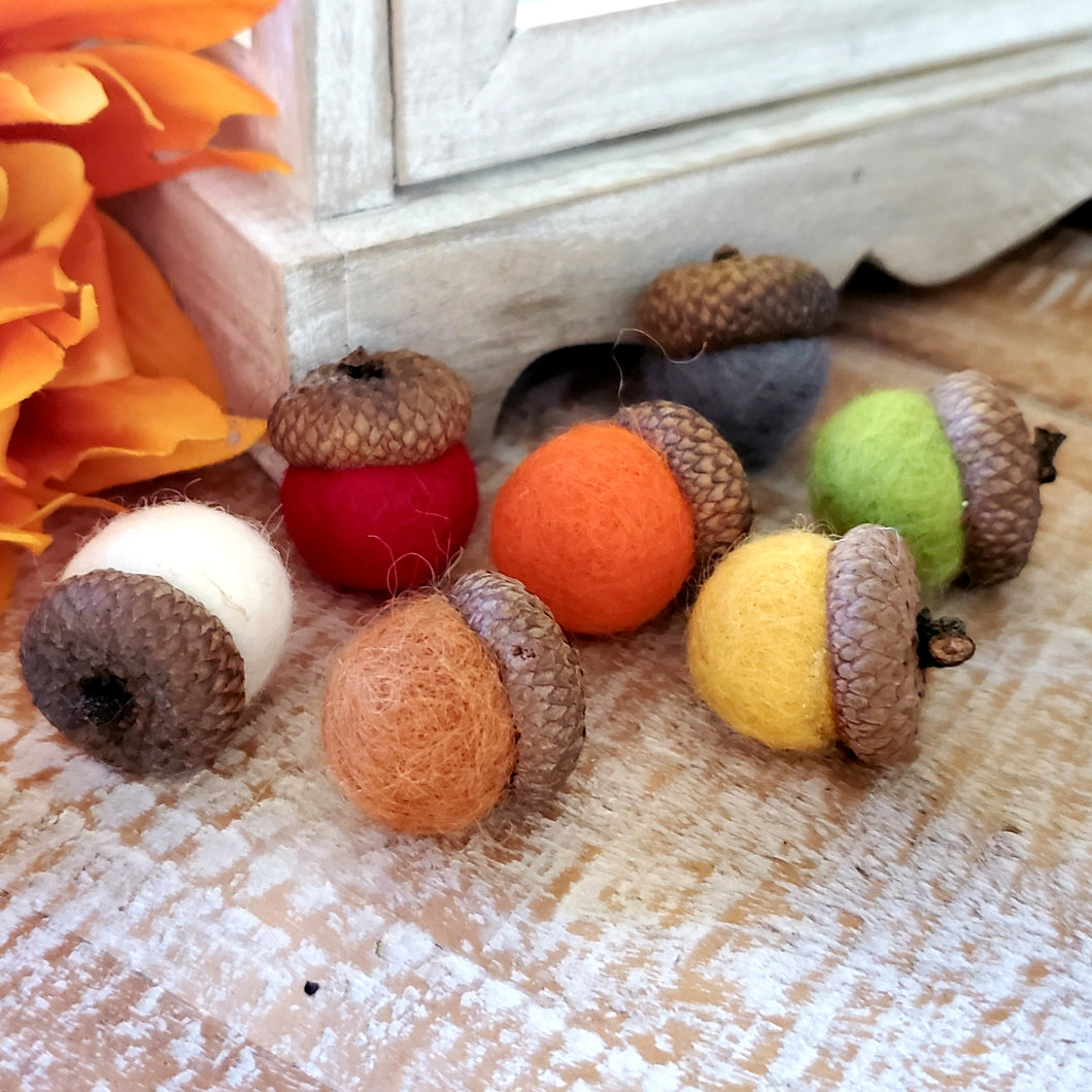 Set of 10 Handmade Felted Wool Acorn Ornaments, Hand Felted