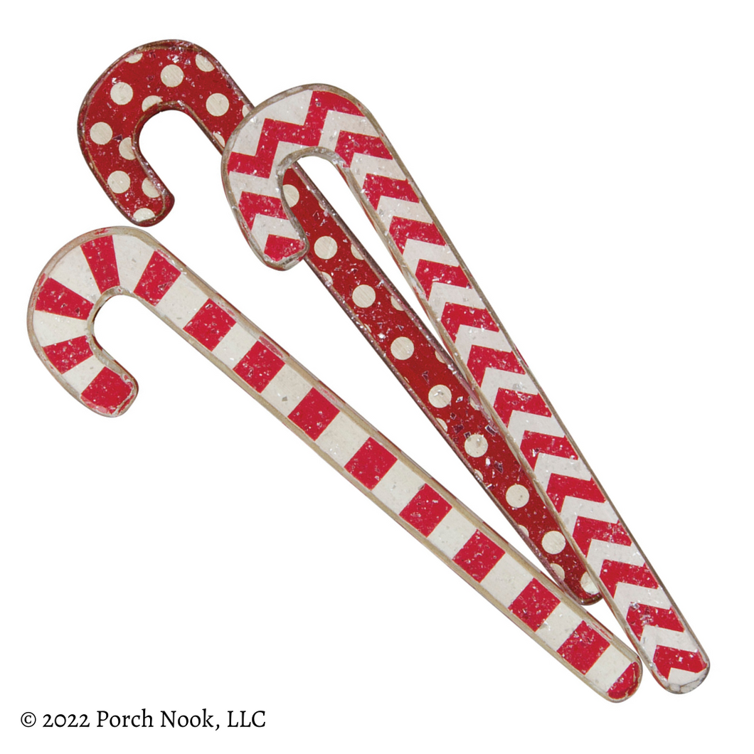 Set of 3 Red Candy Canes, Painted Wood Decorations