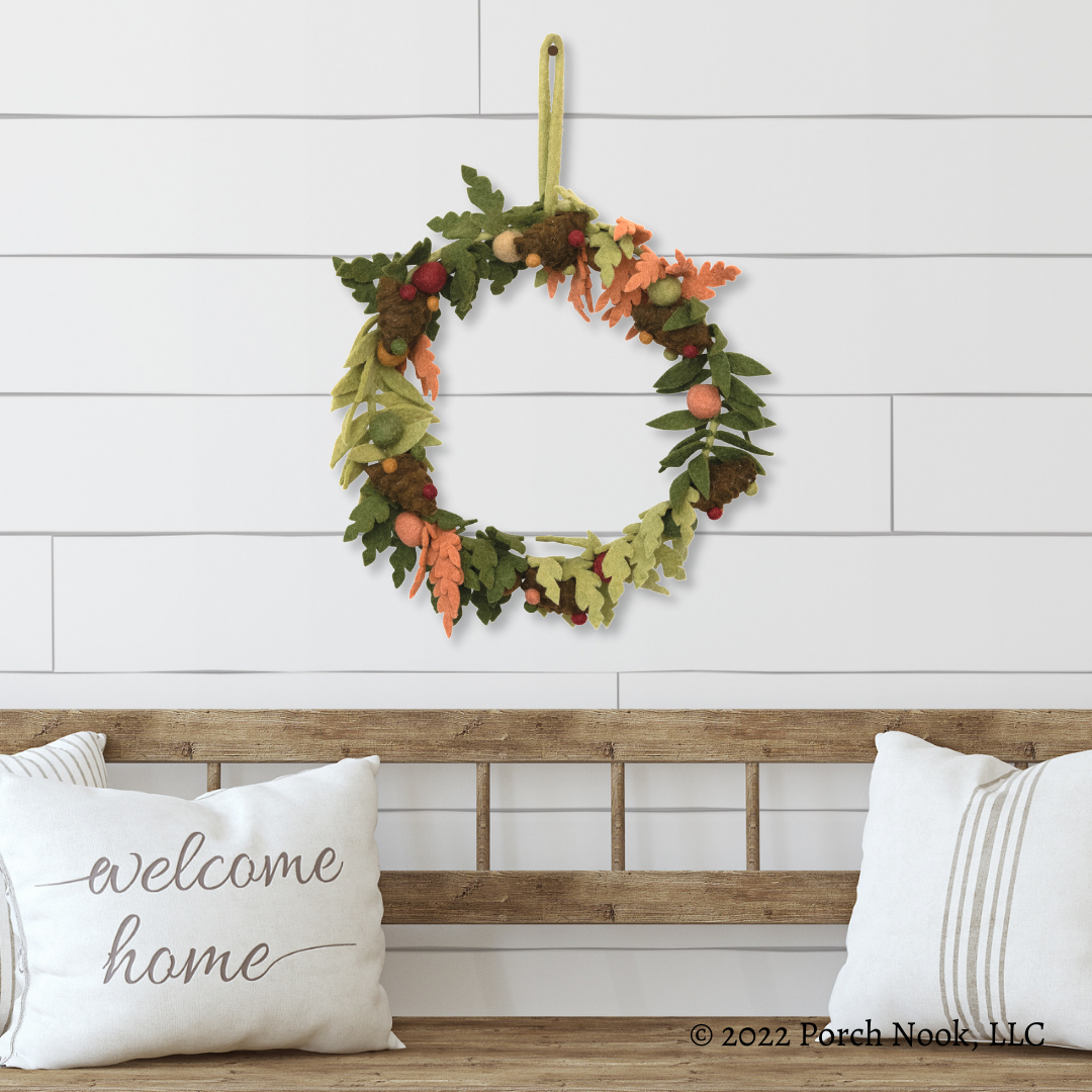 Porch Nook | Handcrafted 18" Round Wool Felt Wreath with Leaves, Pinecones and Berries