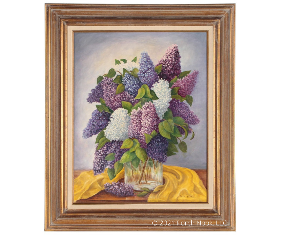 “Lilacs No. 9”, oil on canvas, wood frame, 30-1/2” W x 36-1/2” T. Painted by American 20th Century artist, Julia Salt.