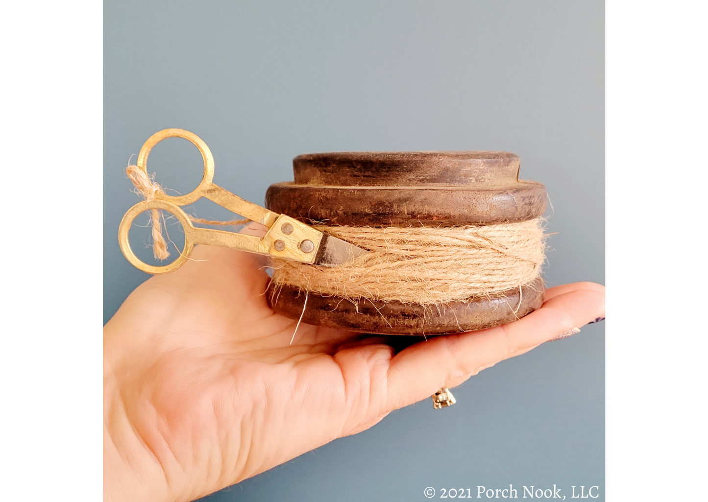 Porch Nook | Rustic Flat Wooden Spool with Twine and Scissors