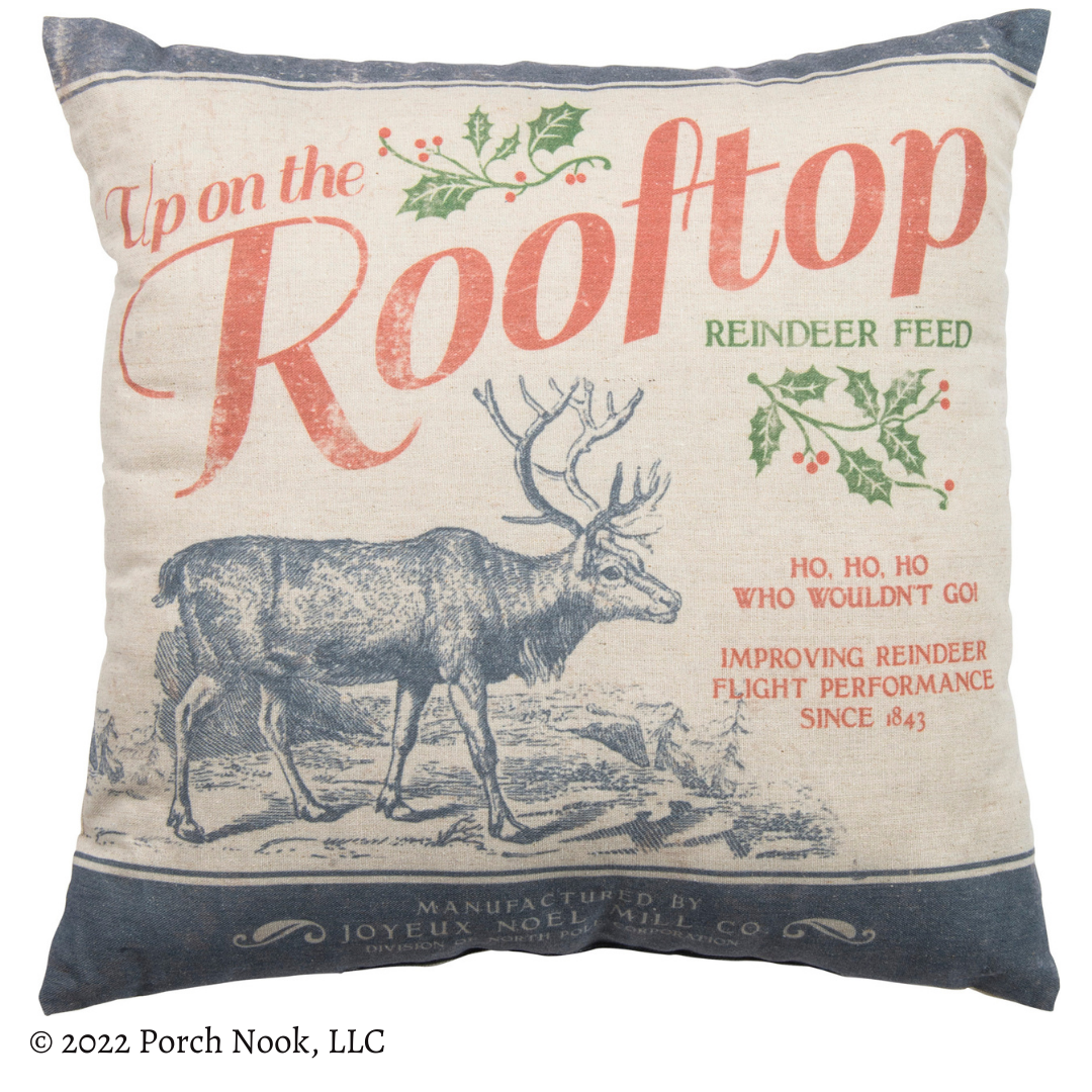 Holiday Decorative Pillow – “Up On The Rooftop Reindeer Feed”, Extra Large