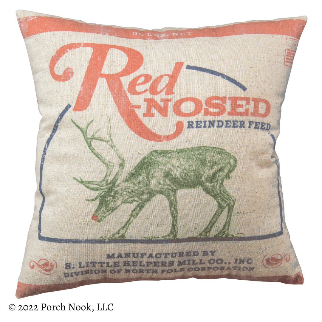 Holiday Decorative Pillow – “Red-Nosed Reindeer Feed”, Large