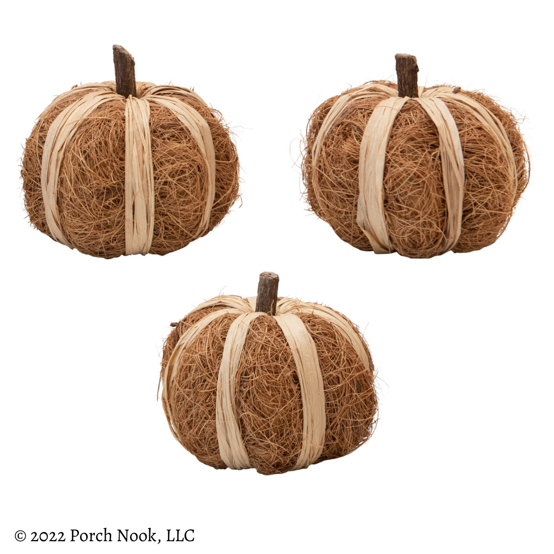 Porch Nook | Set of 3 Handmade Decorative Pumpkin, Dried Natural Coco Fiber and Raffia