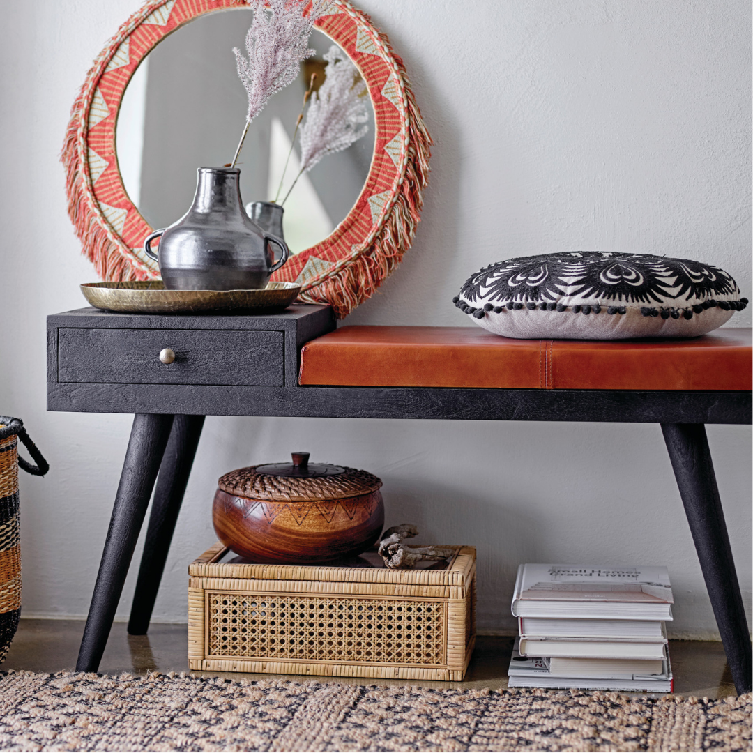 Porch Nook | Mango Wood Table Bench with Goat Leather Seat