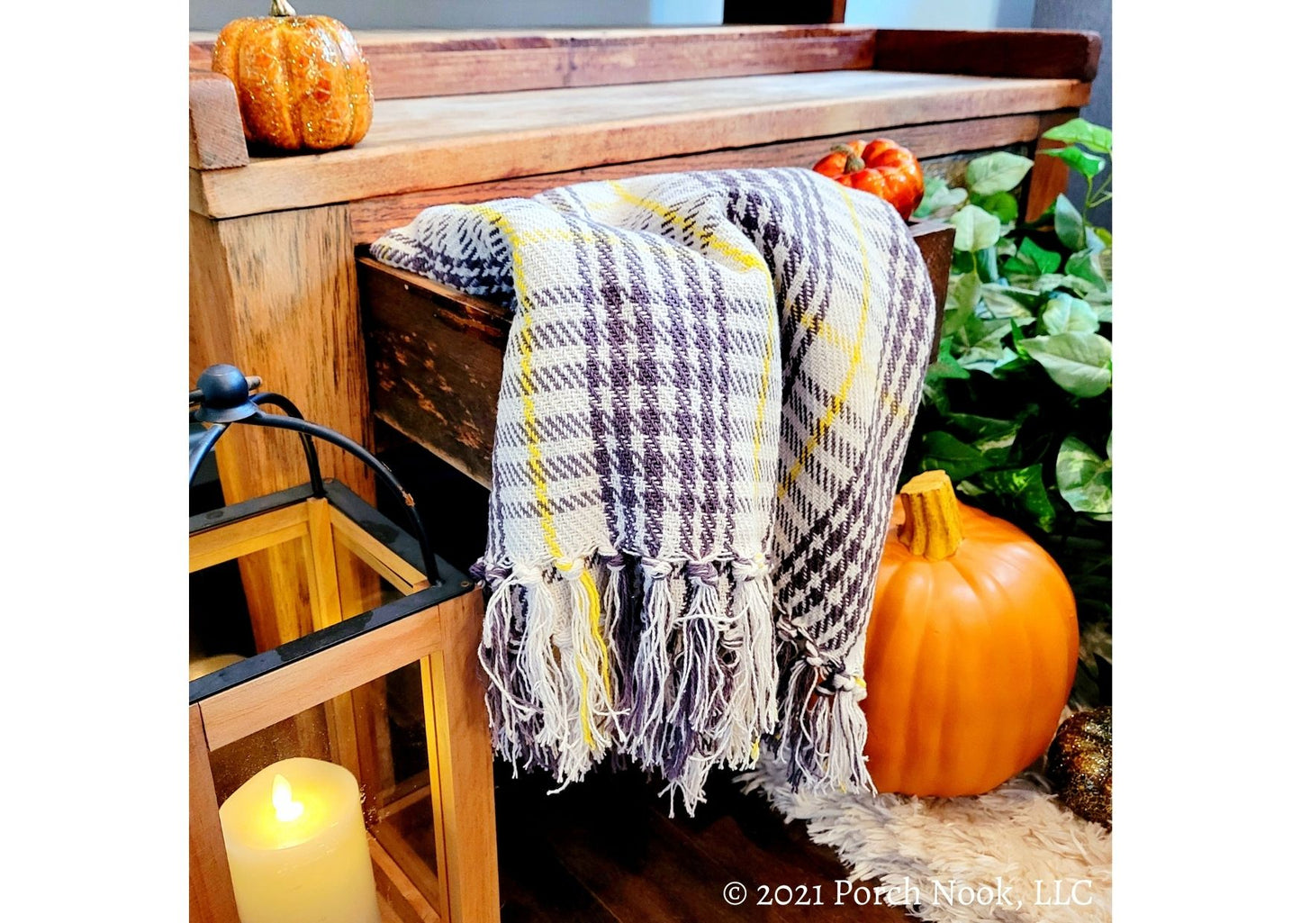 Porch Nook | Cozy Plaid Throw - 100% Cotton, Gray & Yellow