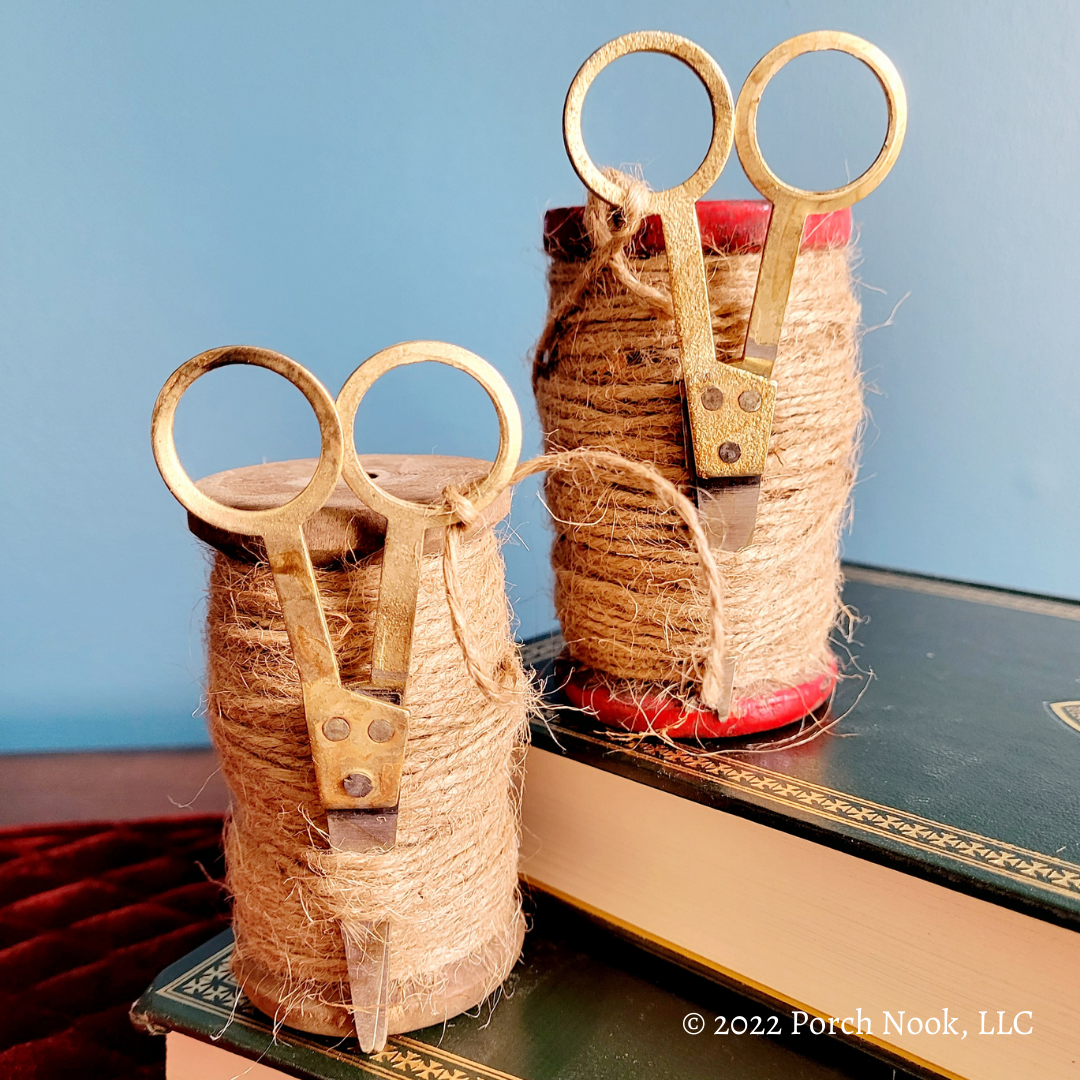 Porch Nook | Set of 2 Rustic Small Wooden Spool with Twine and Scissors