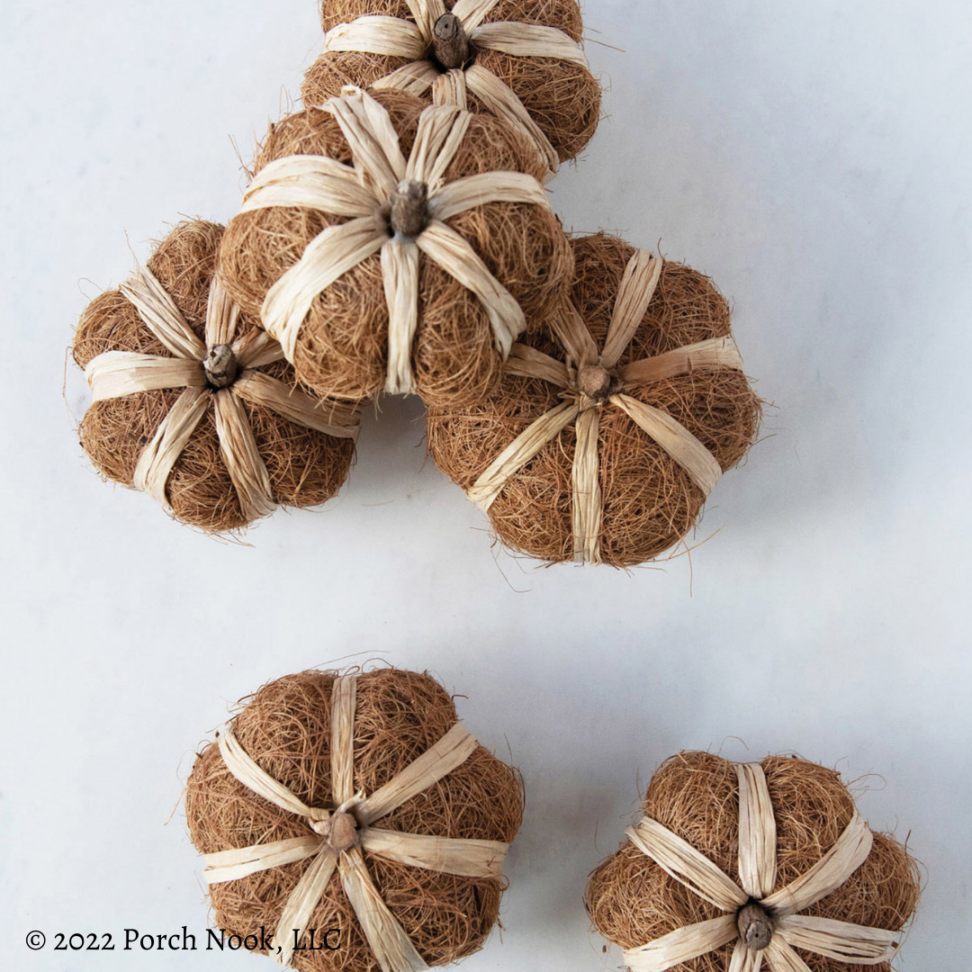 Porch Nook | Set of 3 Handmade Decorative Pumpkin, Dried Natural Coco Fiber and Raffia