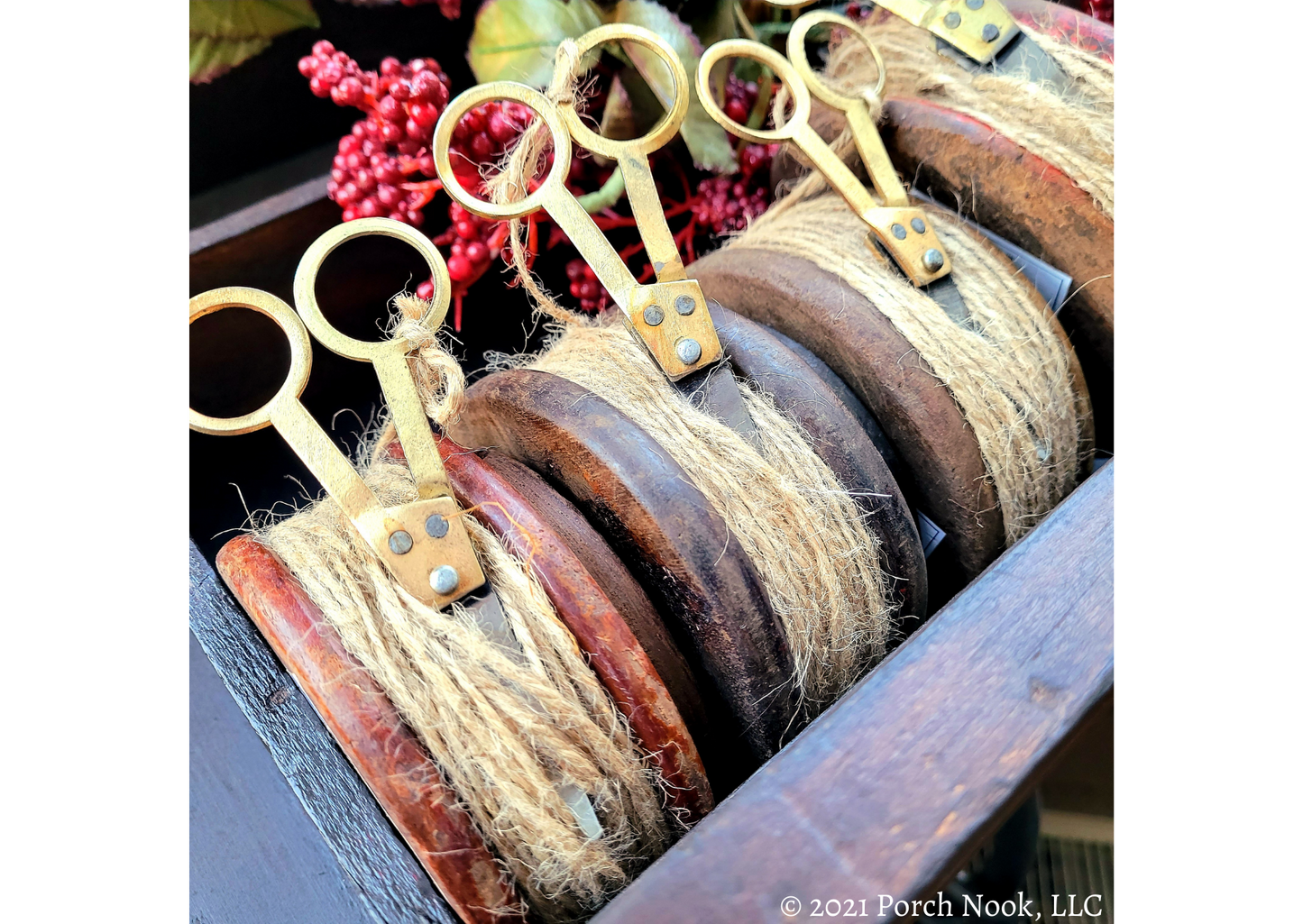 Porch Nook | Rustic Flat Wooden Spool with Twine and Scissors