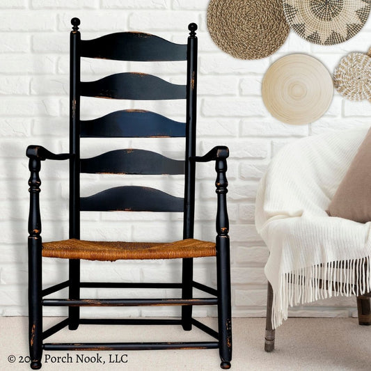 Porch Nook | Vintage Early American Style Ladderback Rush Seat Shaker Armchair