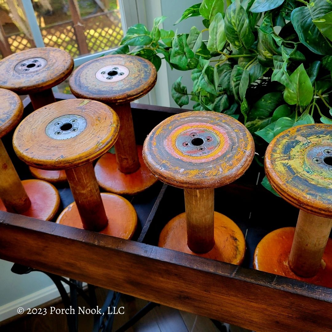 2 Vintage Primitive Style Wooden Spools, 10.5 Tall, Lovely! Marked Akron  Spool