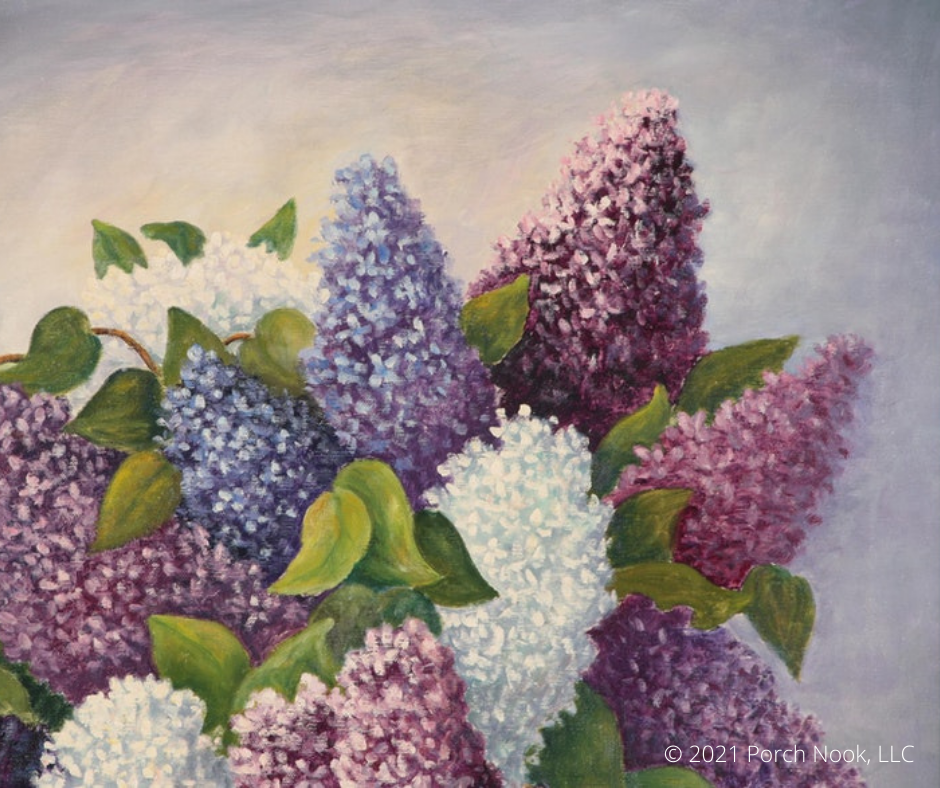 “Lilacs No. 9”, oil on canvas, wood frame, 30-1/2” W x 36-1/2” T. Painted by American 20th Century artist, Julia Salt.