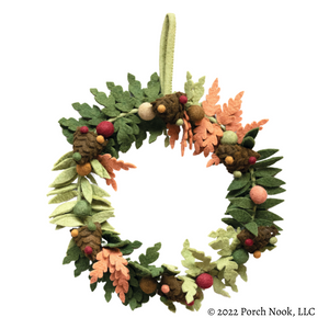 Porch Nook | Handcrafted 18" Round Wool Felt Wreath with Leaves, Pinecones and Berries