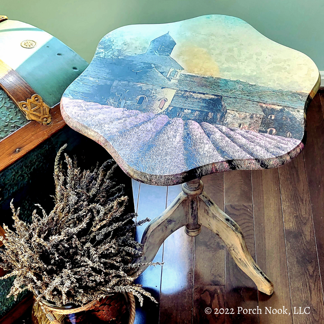 Porch Nook | Vintage Tilted Tea Table, Decoupage Abbey Lavender Fields in Provence France