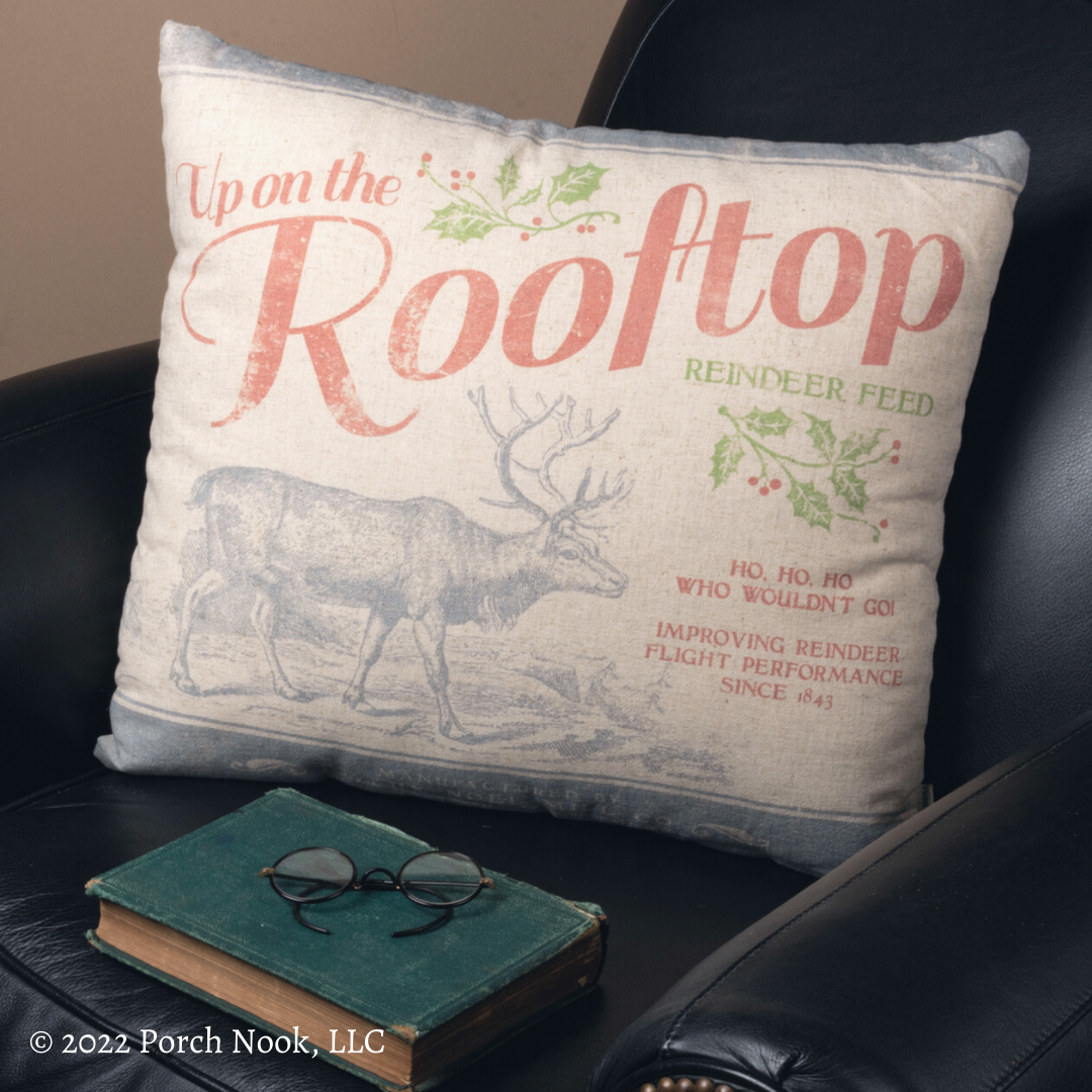 Holiday Decorative Pillow – “Up On The Rooftop Reindeer Feed”, Extra Large