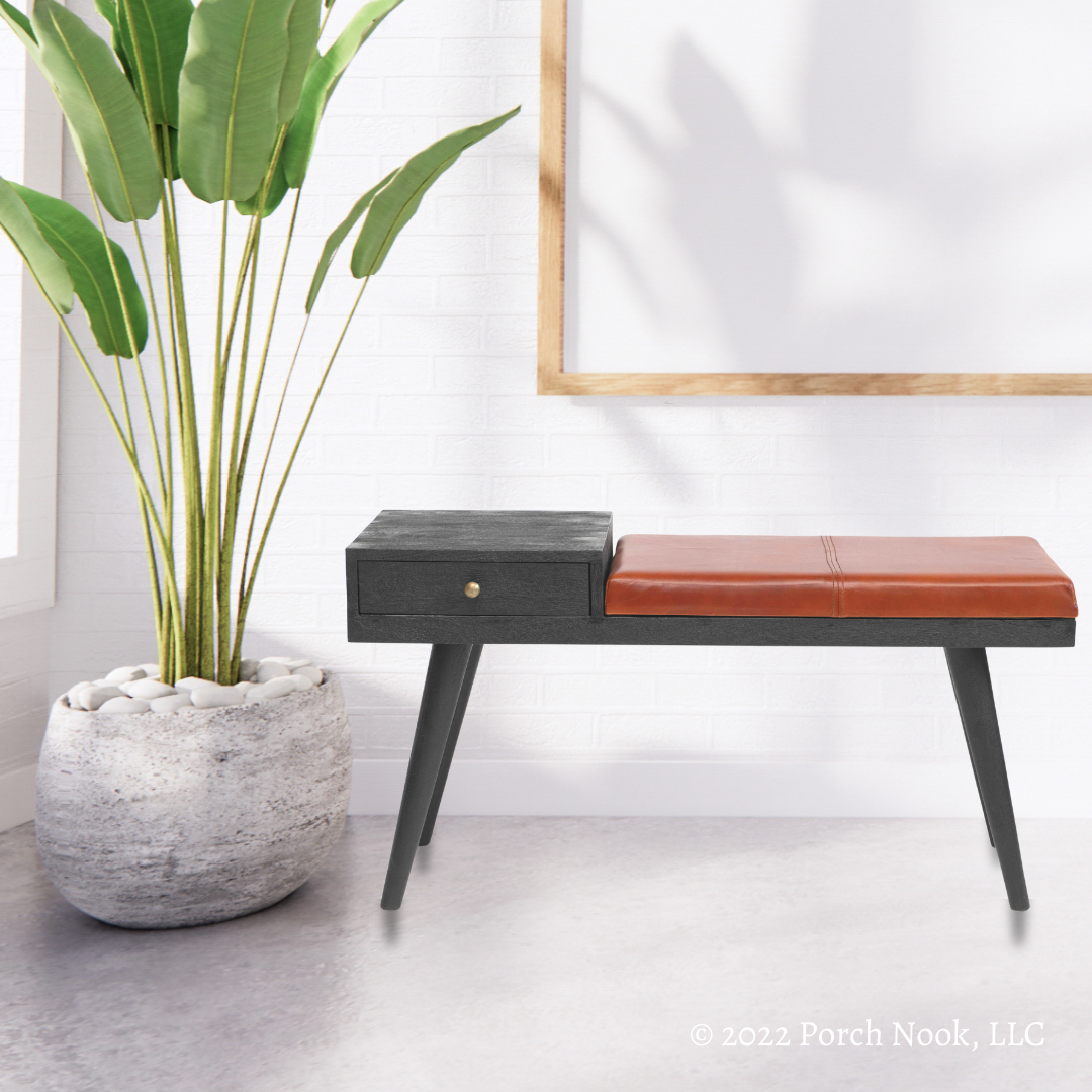 Porch Nook | Mango Wood Table Bench with Goat Leather Seat