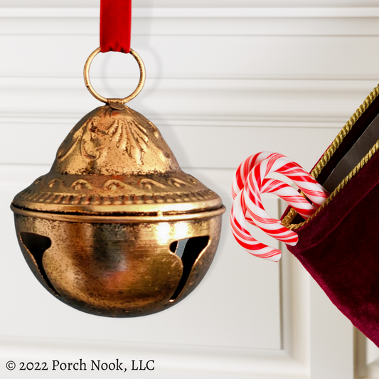 Porch Nook | Large Embossed Metal Sleigh Bell with Velvet Ribbon