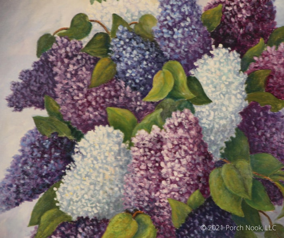 “Lilacs No. 9”, oil on canvas, wood frame, 30-1/2” W x 36-1/2” T. Painted by American 20th Century artist, Julia Salt.