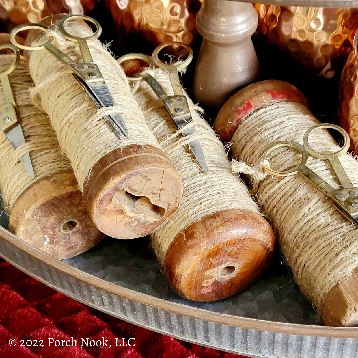 Porch Nook | Rustic Large Slim Wooden Spool with Twine and Scissors