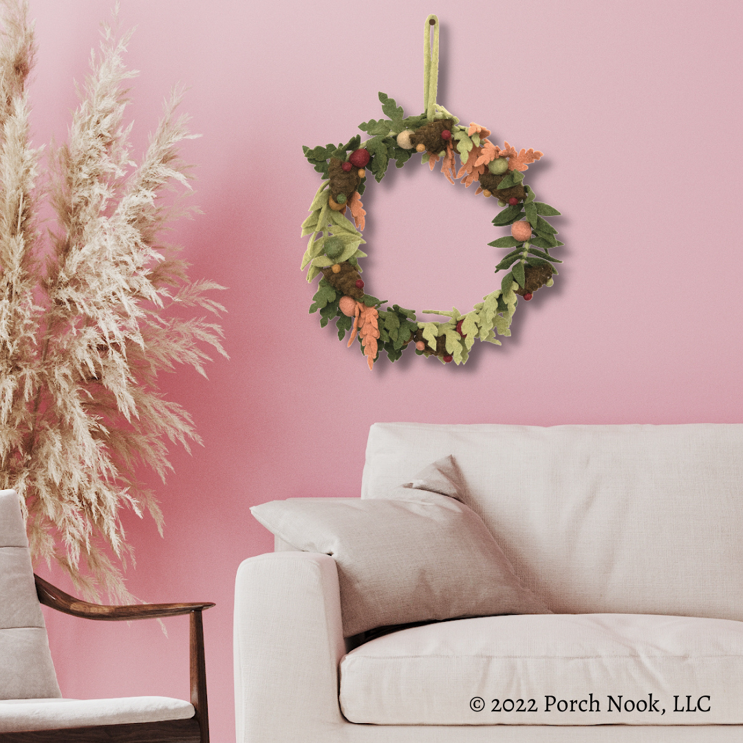 Porch Nook | Handcrafted 18" Round Wool Felt Wreath with Leaves, Pinecones and Berries