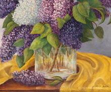 “Lilacs No. 9”, oil on canvas, wood frame, 30-1/2” W x 36-1/2” T. Painted by American 20th Century artist, Julia Salt.