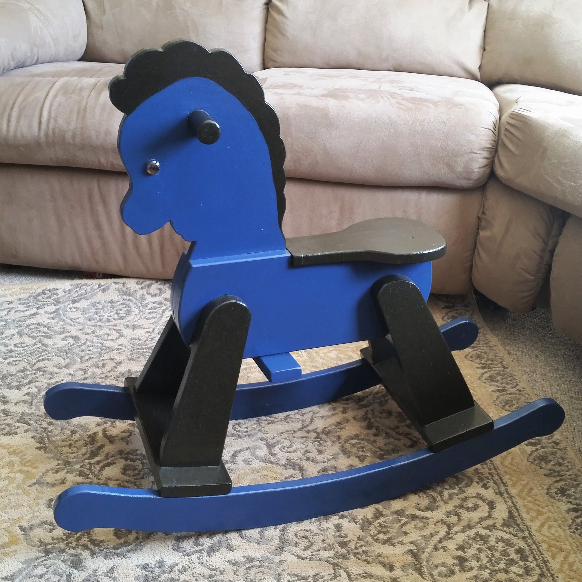 EXAMPLE: Children's Rocking Horse w/ "Blue My Mind" and Charcoal", designed by Erin Goins in Wisconsin