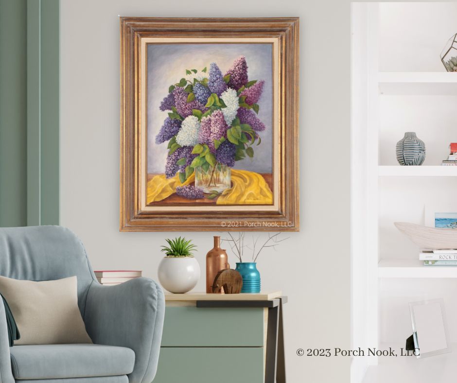 “Lilacs No. 9”, oil on canvas, wood frame, 30-1/2” W x 36-1/2” T. Painted by American 20th Century artist, Julia Salt.