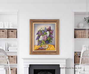 “Lilacs No. 9”, oil on canvas, wood frame, 30-1/2” W x 36-1/2” T. Painted by American 20th Century artist, Julia Salt.
