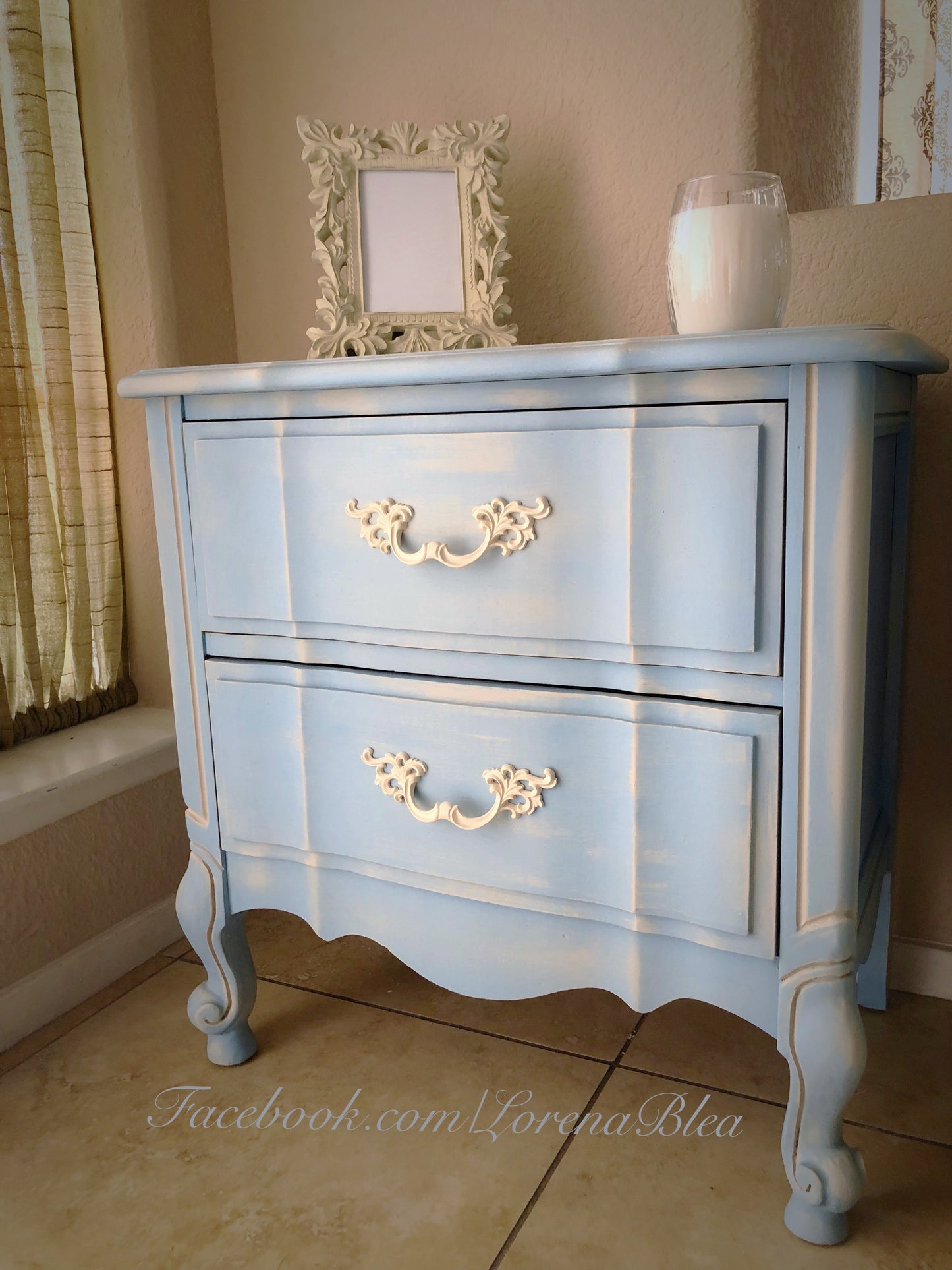 EXAMPLE: End table w/ "Nantucket" and "Cashew", designed by Lorena Blea in Nevada