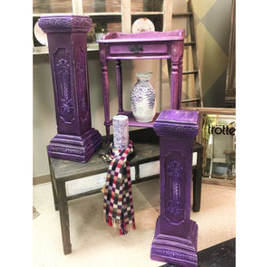 EXAMPLE: Ceramic columns and wood table w/ "Plum Crazy", designed by G & J Life Designs in Dallas, GA