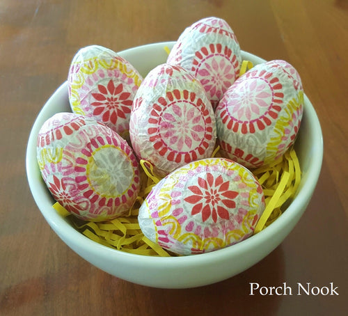 Decoupage Decorative Eggs, Set of 6 - Yellow, Red, White, Pink, Grey